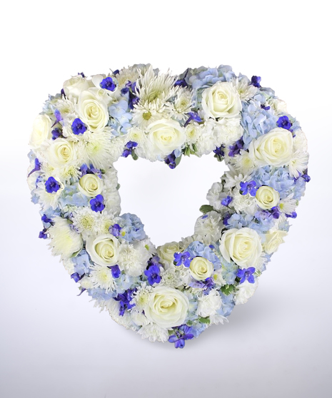 blue and white open heart sympathy arrangement