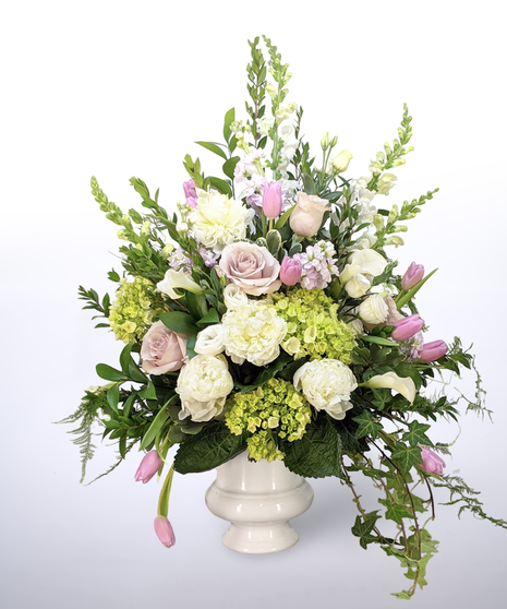 green, lavneder, and white funeral urn
