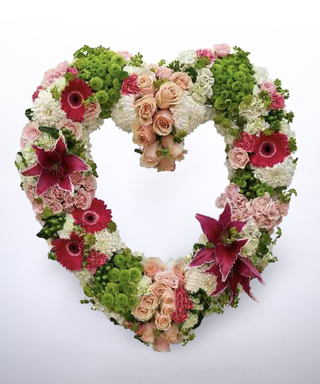 pink and green open heart-shaped sympathy wreath