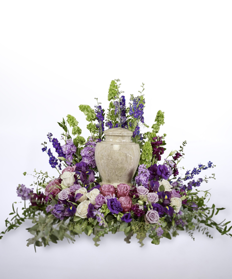 purple and white cremation tribute for urns