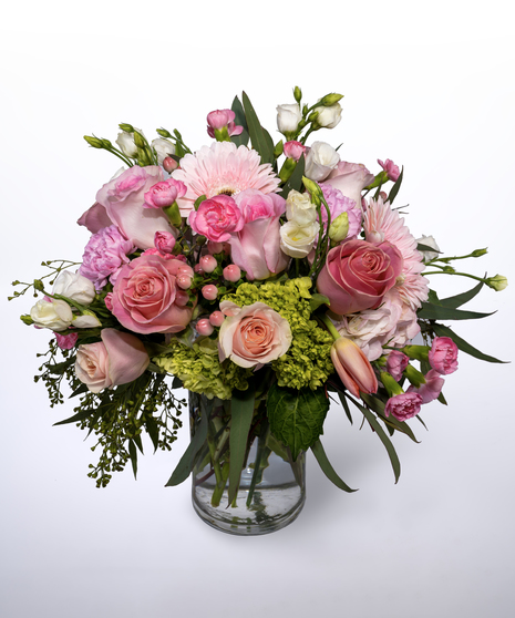 pink flowers in draped stylized arrangement