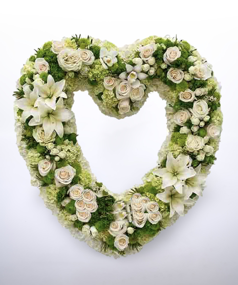 white and green open heart-shaped funeral wreath